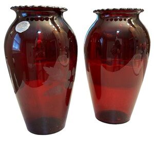 Pair of 2 Royal Ruby Anchor Hocking Tall Vases 9” high Deep Red Glass Vintage